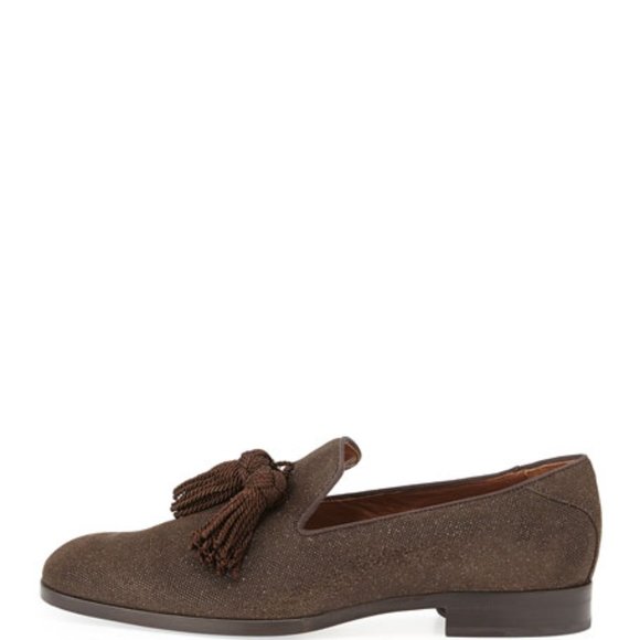 Jimmy Choo “Foxley” Men\'s Tassel Brown Suede Satin Glitter Loafer; Size 44.5;NIB